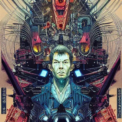 Image similar to portrait of crazy blade runner, symmetrical, by yoichi hatakenaka, masamune shirow, josan gonzales and dan mumford, ayami kojima, takato yamamoto, barclay shaw, karol bak, yukito kishiro