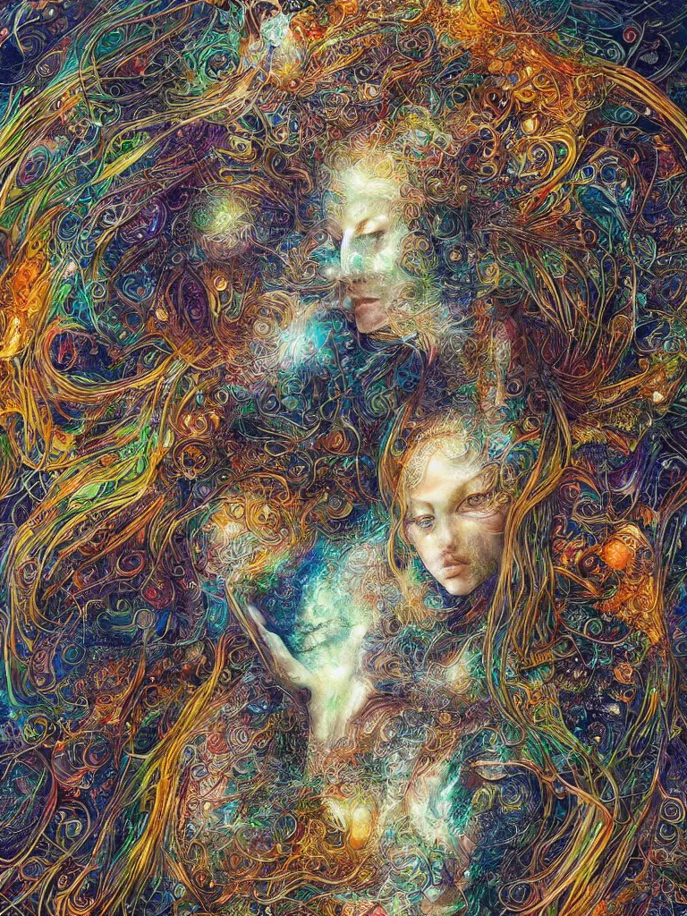 Prompt: a sculpture of an intricate visionary depiction of a realistic beautiful enlightened female transcending beyond the physical boundaries of space and time by android jones and amanda sage