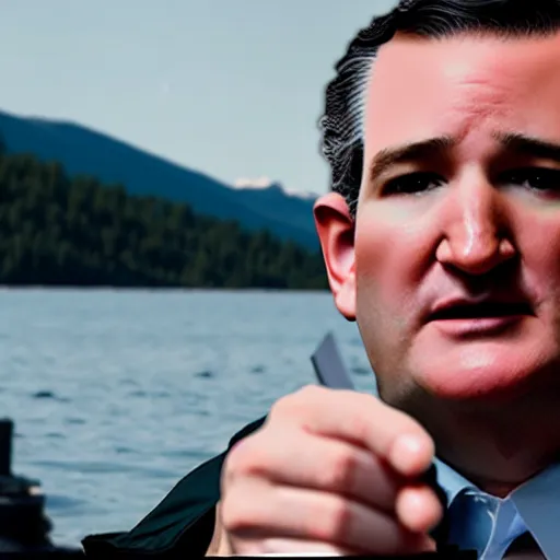 Prompt: Film still depicting Ted Cruz as the Zodiac Killer by a lake, holding a knife
