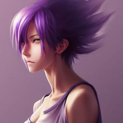 Prompt: beautiful anime girl, hourglass slim figure, purple hair and attractive features, tight fitted tank top, full body portrait, slight smile, highly detailed, digital painting, artstation, concept art, sharp focus, illustration, art by artgerm and greg rutkowski and alphonse mucha and WLOP