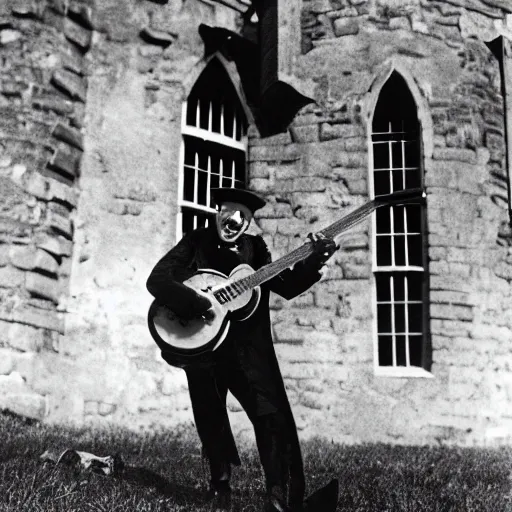 Image similar to vintage photograph of count orlok outside his castle, playing the blues on guitar, castle in the background, 4 k