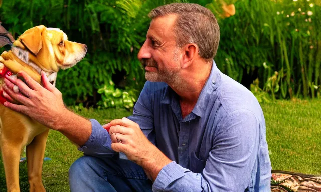 Image similar to My dad Steve just took a hit from the bongo and have good time being gracefully relaxed in the garden, sunset lighting. My second name is Carell. My dad second name is Carell. Im the dog and Steve Carell is my dad. Detailed face