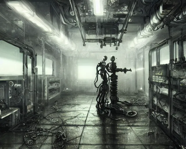 Prompt: gloomy ruined server room in datacenter robot automata rusty steel robot knight colossus welder pacing fixing mono eyed, sharp focus, emitting diodes, smoke, artillery, sparks, racks, system unit, motherboard, by pascal blanche rutkowski repin artstation hyperrealism painting concept art of detailed character design matte painting, 4 k resolution blade runner