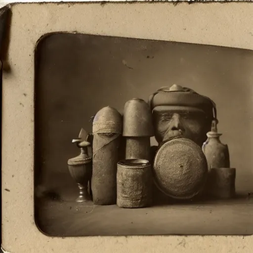 Image similar to Tintype photograph of primitive objects displayed in an ethnographic museum, archive material, anthropology, 1920s studio lighting.