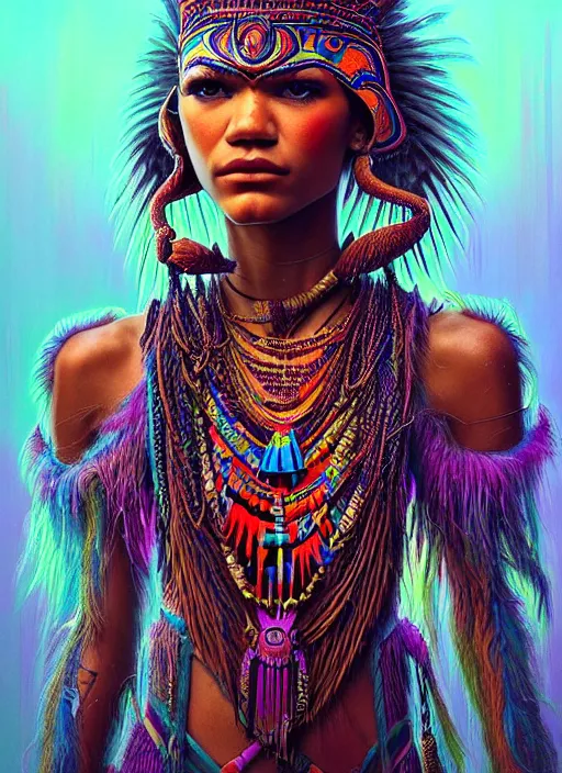 Image similar to portrait of zendaya, hyper detailed ultra sharp aztec shaman warrior. trending on artstation, warpaint aesthetic, bloodwave, colorful, psychedelic, ornate, intricate, digital painting, concept art, smooth, sharp focus, illustration, art by artgerm and greg rutkowski and h. r. giger, 8 k