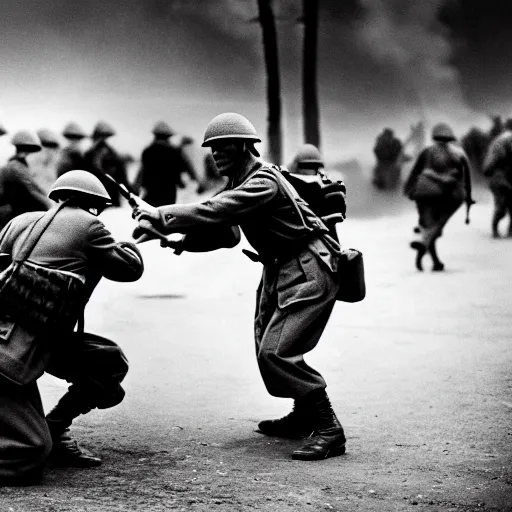 Prompt: an award winning photo of a discord moderator fighting in world war 2, leica iiia, 4 k, high quality, black and white