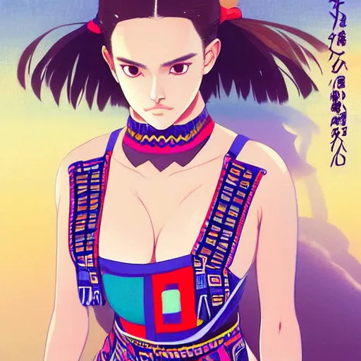 Image similar to a beautiful plus sized model japanese natalie portman, alluring plus sized model, wearing mayan leotard with overalls, street fashion hip hop style with mayan patterns, aztec street fashion, gapmoe yandere grimdark, trending on pixiv fanbox, painted by greg rutkowski makoto shinkai takashi takeuchi studio ghibli, akihiko yoshida