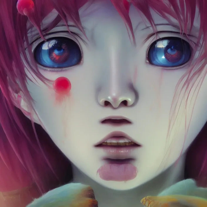 Prompt: Close up Mamimi Samejima Iwakura Lain, LSD Dream Emulator, paranoiascape ps1, official anime key media, Iwakura Lain, LSD Dream Emulator, paranoiascape ps1, official anime key media, painting by Vladimir Volegov, beksinski and dan mumford