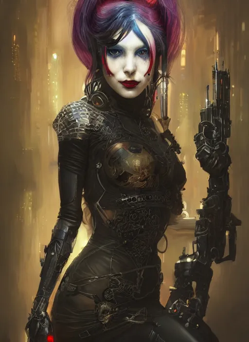 Image similar to a beautiful illustration of cyberpunk elven harley quinn, black hair, intricate, sharp focus, illustration, highly detailed, digital painting, concept art, matte, art by wlop and artgerm and greg rutkowski and alphonse mucha, masterpiece