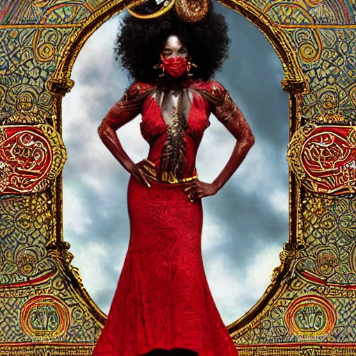 Prompt: Curly haired african priestess wearing a red fez, wild hair, in a beautiful flowing red dress surrounded by flames, clothes, intricate hellish decoration on the dress, on the background of an ancient cathedral, Designer clothes, fullbody, intricate, elegant, highly detailed, artstation, concept art, smooth, sharp focus, illustration, art by greg rutkowski and orientalism and bouguereau and Zdzislaw Beksinski, good clear quality, lighting, biology, symmetrical artwork, cinematic, hyper realism, high detail, octane render, 8k