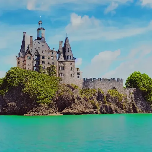 Prompt: a beautiful island, with a lake and a castle on it flying over the ocean, stipple, ultra - wide angle