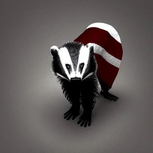 Prompt: a humanoid friendly badger walking on white background towards the camera, he‘s wearing a red neckerchief, digital render