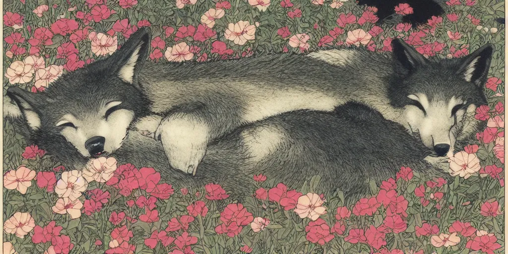 Image similar to a wolf cub sleeping in a bed of flowers by gharliera and takato yamamoto + anime, japanese kappademon + insane details wow high octane render