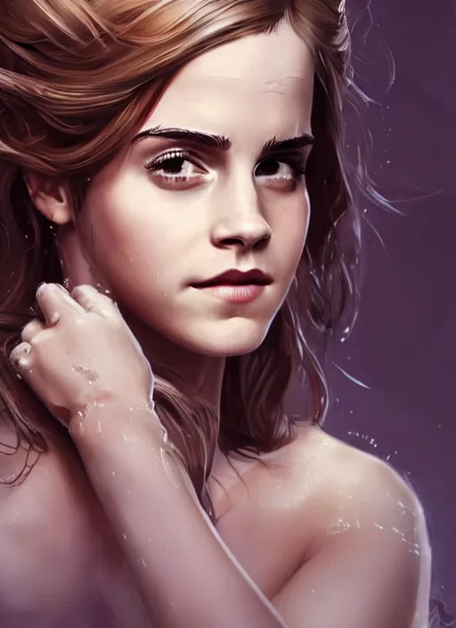 Image similar to a highly detailed illustration of emma watson washing hair, dramatic smiling pose, perfect face, intricate, elegant, highly detailed, centered, digital painting, artstation, concept art, smooth, sharp focus, league of legends concept art, wlop