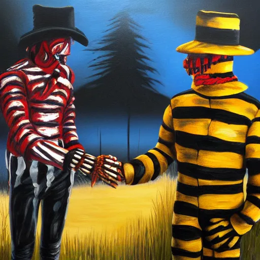 Prompt: Freddy Krueger shaking hands with Edward Scissorhands, oil painting, 8k, trending on artstation