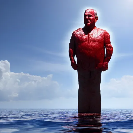 Image similar to a giant benjamin netanyahu sculpture made out of juicy red jelly on water surface, long shot, hyper detailed, hyper realistic, ray tracing, 8 k resolution, sharp focus, realistic water, award winning