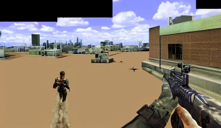 Prompt: A first-person shooter by Tadanori Yokoo, PS2 game, 3DCG