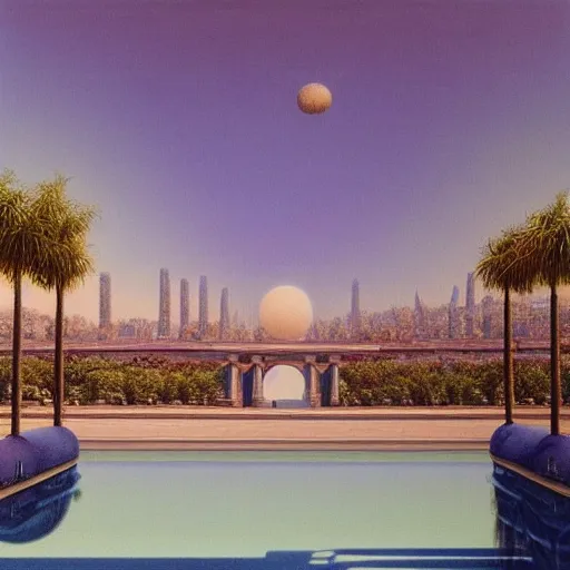 Image similar to David Ligare masterpiece, neon sign, hyperrealistic surrealism, award winning masterpiece with incredible details, beautiful lighting, pool caustics, illuminated orbs, epic stunning, infinity pool, a surreal vaporwave liminal space, highly detailed, trending on ArtStation, broken giant marble head statue ruins, calming, meditative, geometric liminal space, palm trees, very vaporwave, very very surreal, sharp details