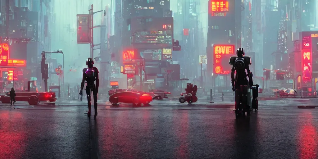 Image similar to a film still from Love, Death and Robots, wide angle lens, sharp, dramatic lighting, futuristic city street level, rain