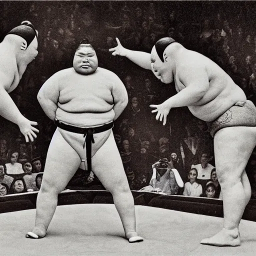 Image similar to a dramatic photograph from a magazine article on L Ron Hubbard's sumo wrestling carrier