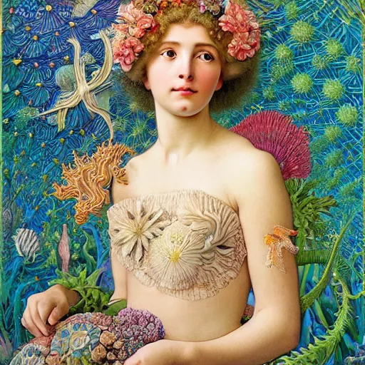 Prompt: hyperrealistic detailed portrait of a girl, with flowers, butterflies, corals, sea kelp, sea plants, starfish, jellyfish, bacteria, skulls, golden filigree, art by ernst haeckel, john william godward, hammershøi, alphons mucha, pontormo, ornamental, decorative, art nouveau pattern, lights by hopper, pastel colours,