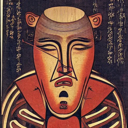 Prompt: A beautiful kinetic sculpture of a giant head. The head is bald and has a big nose. The eyes are wide open and have a crazy look. The mouth is open and has sharp teeth. The neck is long and thin. chestnut, Akkadian by Bruno Munari, by Kunisada fine