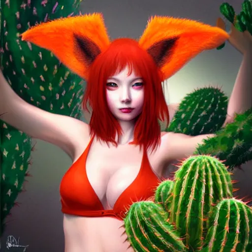 Image similar to Portrait of red-haired girl with fox ears and an evil grin in orange bikini holds a cactus cinematic lighting, intricate, elegant, highly detailed, digital painting, artstation, smooth, sharp focus, illustration, art by Yoshitaka Amano, artgerm