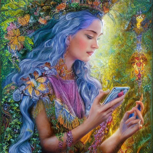 Prompt: a nature goddess checking her cell phone by senior concept artist josephine wall, acrylic on canvas, intricately detailed, high resolution trending on artstation