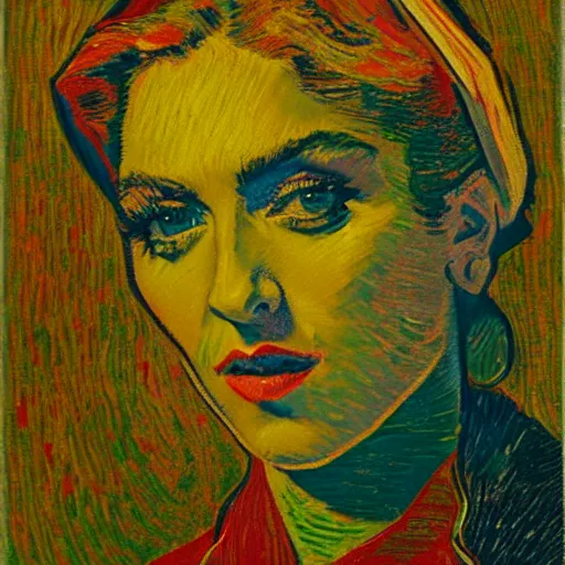 Prompt: an artistic portrait of madonna, high quality, studio photography, colorful, hero, 1 9 8 8, heroic, beautiful, in the style of vincent van gogh