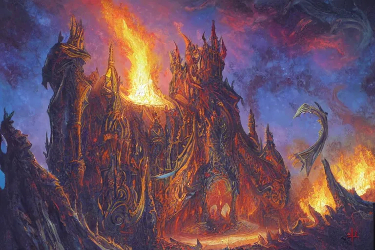 Prompt: Seat of the Lord of Flame, artwork by Ralph Horsley