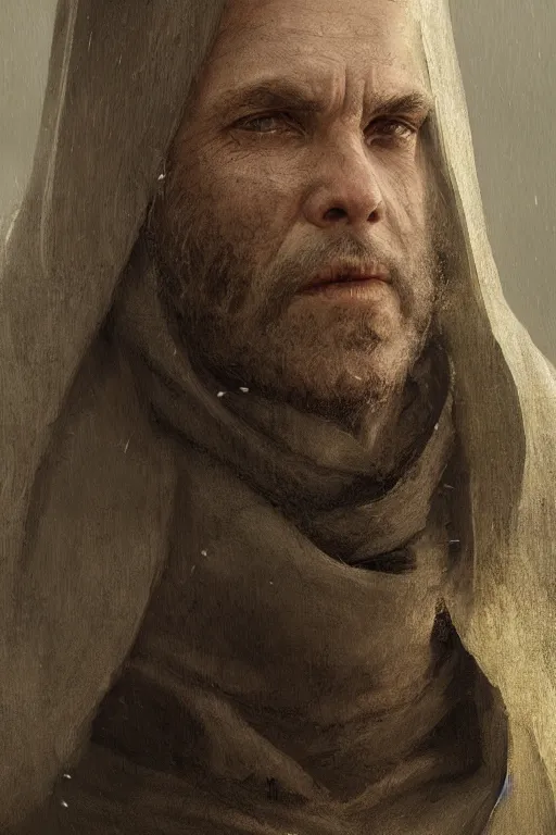 Image similar to medieval priest, close-up portrait, devoted, intricate, elegant, volumetric lighting, scenery, digital painting, highly detailed, artstation, sharp focus, illustration, concept art,ruan jia, steve mccurry