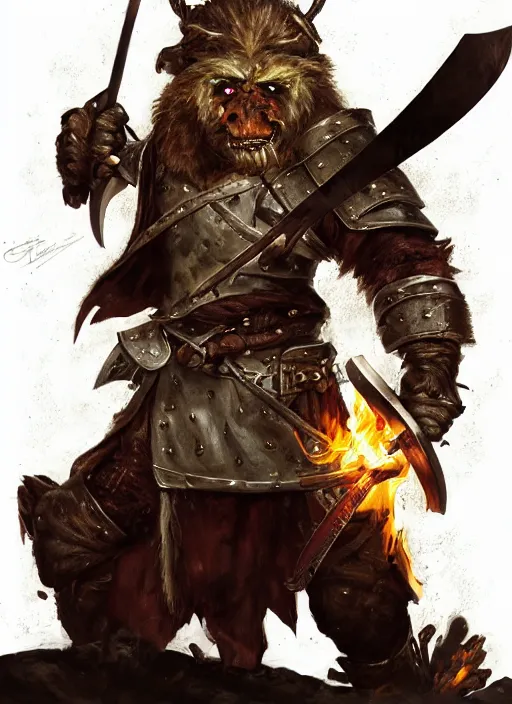 Image similar to photorealistic bugbear ranger holding sword on fire, magic, black beard, dungeons and dragons, pathfinder, roleplaying game art, hunters gear, jeweled ornate leather and steel armour, concept art, character design on white background, by sargent, norman rockwell, makoto shinkai, kim jung giu, artstation trending, poster art, colours red