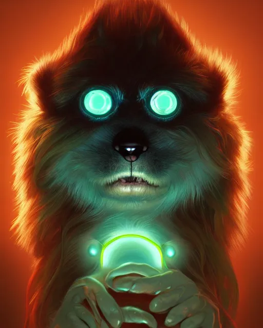 Prompt: one singular portrait of a cute bioluminescent furry creature with glowing eyes, highly detailed, digital painting, cinematic, hyper realism, dark retrowave, art by Stanley Lau and Artgerm and magali villeneuve and Alphonse Mucha, artstation, octane render, cgsociety