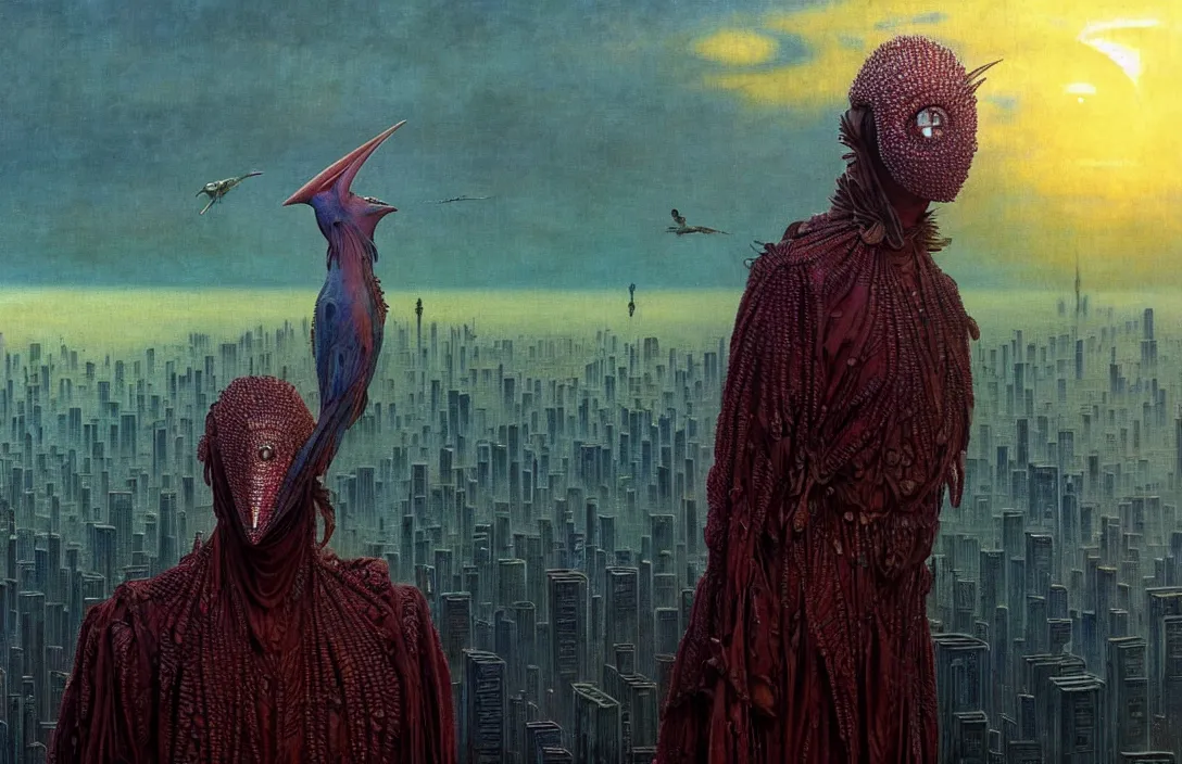 Image similar to realistic detailed portrait movie shot of a birdman wearing dark ragged robes, futuristic city sunset landscape background by denis villeneuve, amano, yves tanguy, alphonse mucha, ernst haeckel, max ernst, roger dean, ridley scott, dynamic closeup composition, rich moody colours, blue eyes