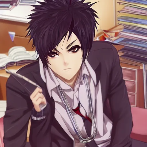 Image similar to aloof anime man with spiky emo hair wearing jock clothes, standing in headmistress's office, smug grin, smug expression, punchable expression, sharp details, subsurface scattering, intricate details, art by artgerm, anime, anime hd wallpaper, 2 0 1 9 anime screenshot