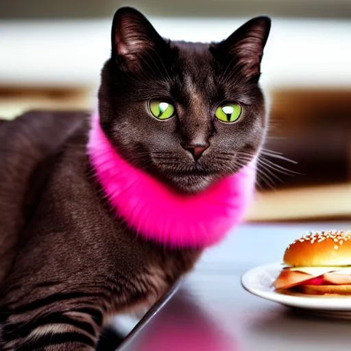 Image similar to photo of a cat with pink fur, eating a hamburger