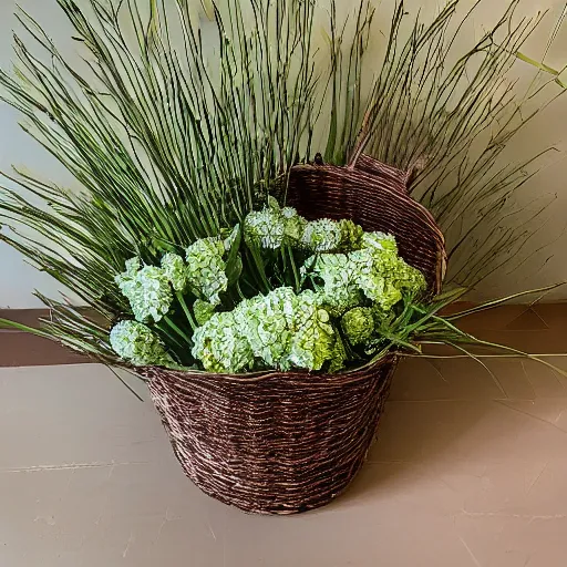 Prompt: a basket woven from green flower stems