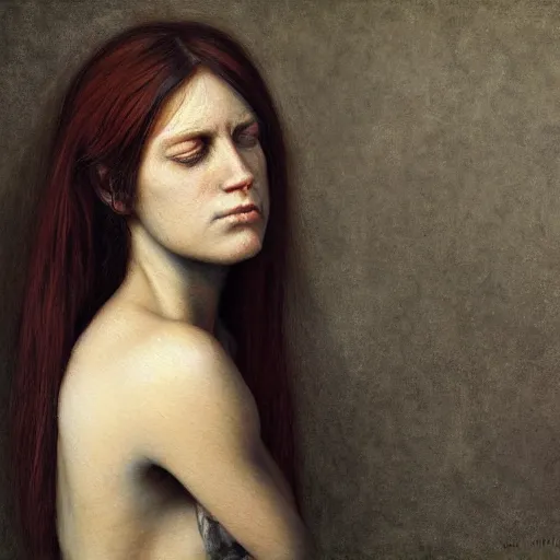 Prompt: a painting of a sad woman with hair, a character portrait by brad kunkle, featured on cg society, pre - raphaelitism, pre - raphaelite, apocalypse art, dystopian art