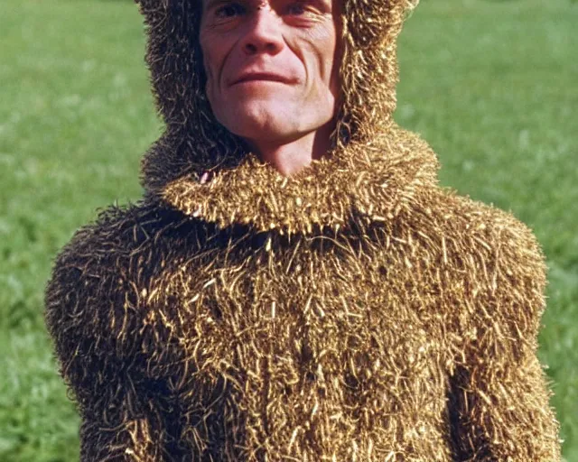 Image similar to William Dafoe in the bee costume on the sunny meadow with clear sky, film still, high detail