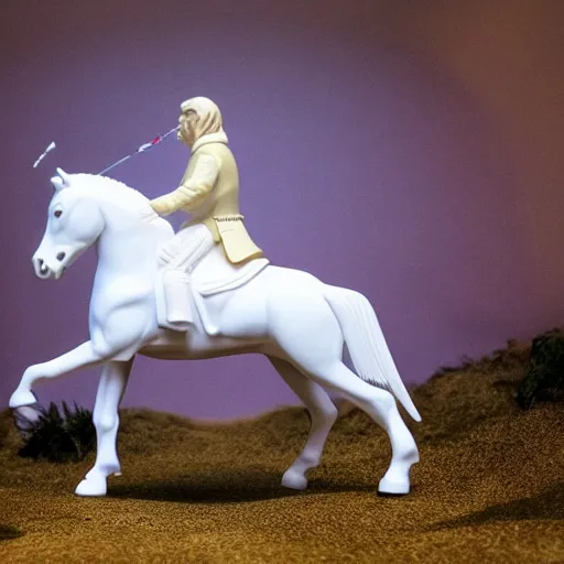 Image similar to Donald Trump riding a white horse, wide lens, diorama, 4k,