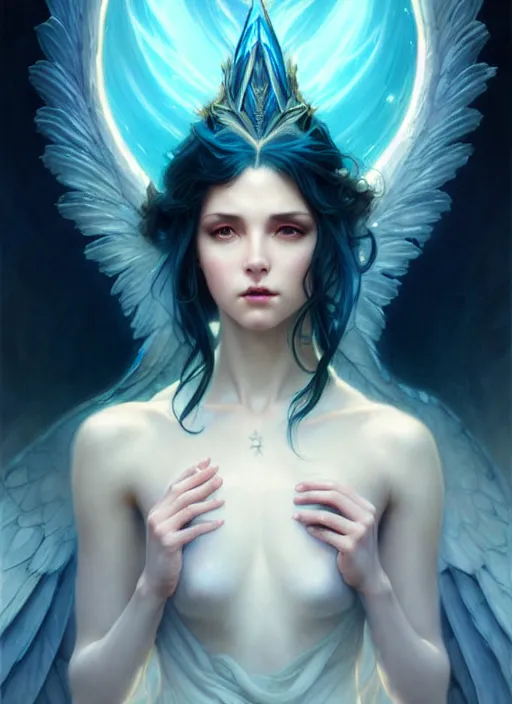 Image similar to a beautiful cinematic female archangel queen, fantasy sea landscape, fantasy magic, short aqua blue black fade hair, dark light night, intricate, elegant, sharp focus, illustration, highly detailed, digital painting, concept art, matte, art by WLOP and Artgerm and Greg Rutkowski and Alphonse Mucha, masterpiece