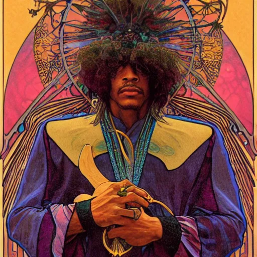 Image similar to artwork by Franklin Booth and Alphonse Mucha showing a portrait of Jimi Hendrix as a futuristic space shaman