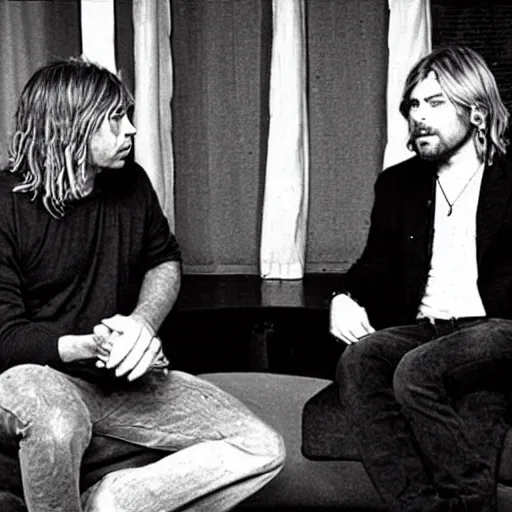 Image similar to Joe rogan interviewing with Kurt Cobain, low quality, vhs quality, late 2000’s