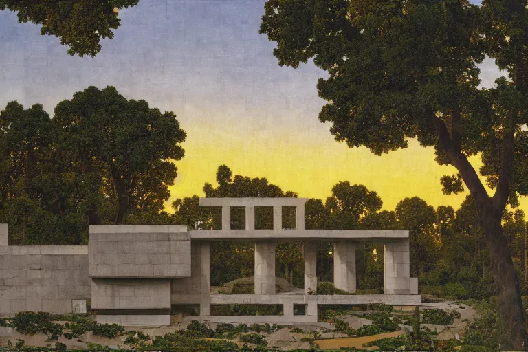 Image similar to painting of a concrete brutalist building, trees, nature, clouds, sunset, chill, romantic, by ludwig deutsch and maxfield parrish, patterned tilework, extremely detailed, cinematic lighting, smooth sharp focus