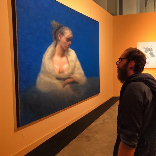 Prompt: art curator looking bored at paintings of a screen with a chat interface, in the style of grand chamaco and stanley kubrick, inspired by die antwoord, photorealistic, epic, super technical, cinematic still