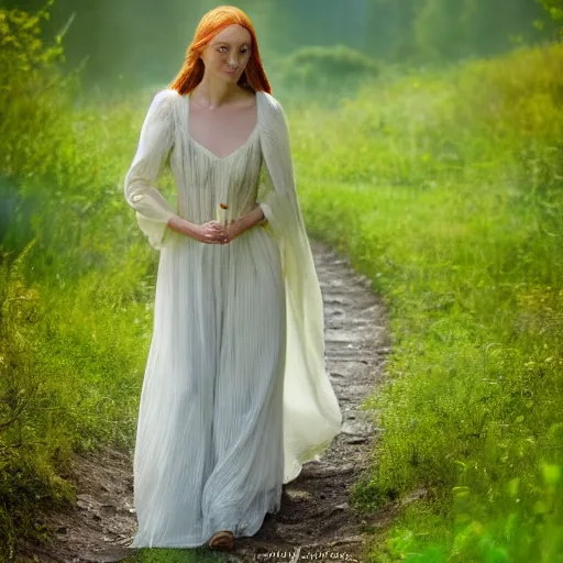 Prompt: The radiant lady Galadriel walking in a beautiful field in a forest, mountains in the distance, medium shot, confident, gorgeous, stunning, detailed, very realistic