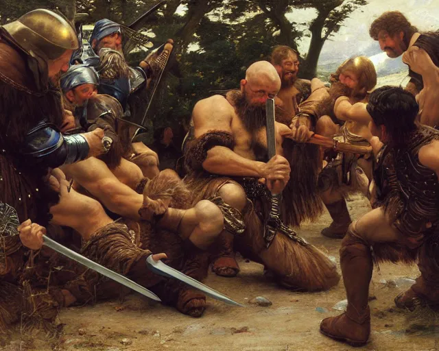 Prompt: a group of dwarves hammering a sword, key lighting, soft lights, by steve hanks, by edgar maxence, by caravaggio, by michael whelan, by delacroix, by serov valentin, by tarkovsky, 8 k render, detailed, oil on canvas