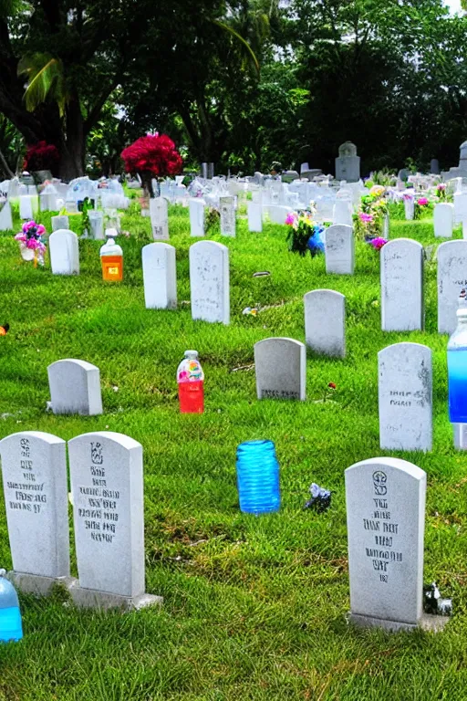 Prompt: graveyard with fiji water bottles replacing gravestones