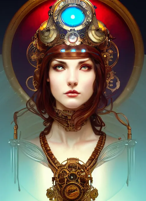 Prompt: the goddess athena smirking, steampunk, glowing eyes, volumetric lights, red and cyan theme, art nouveau botanicals, intricate, highly detailed, digital painting, artstation, concept art, smooth, sharp focus, cinematic, illustration, beautiful face, art by artgerm and greg rutkowski and alphonse mucha