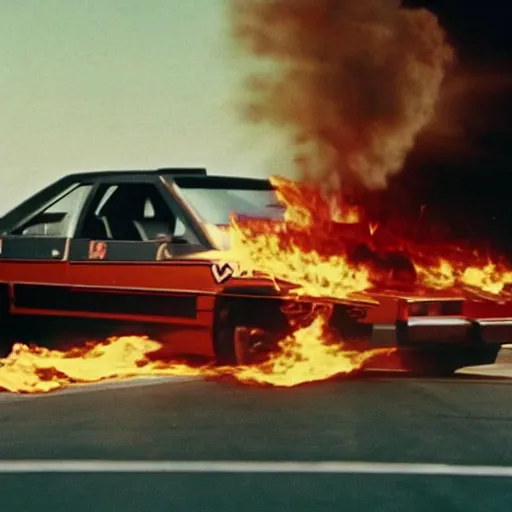 Image similar to Film still of Los Angeles Vice Squad 2050 (1990). Epic chase scene where the villian drives his flaming car off cliff. Sigma 85mm f/8